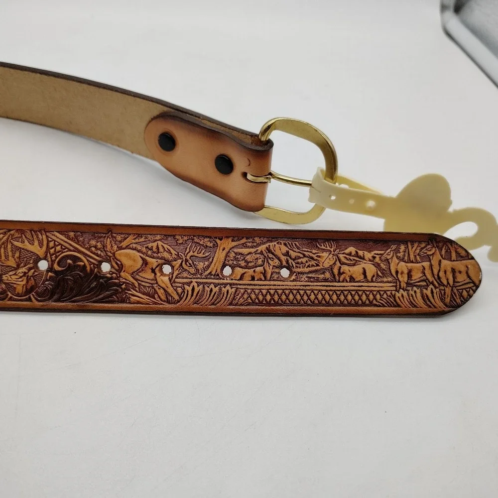 Brushy Creek Mens Western Deer Tooled Leather Belt Size 34 Made in USA
